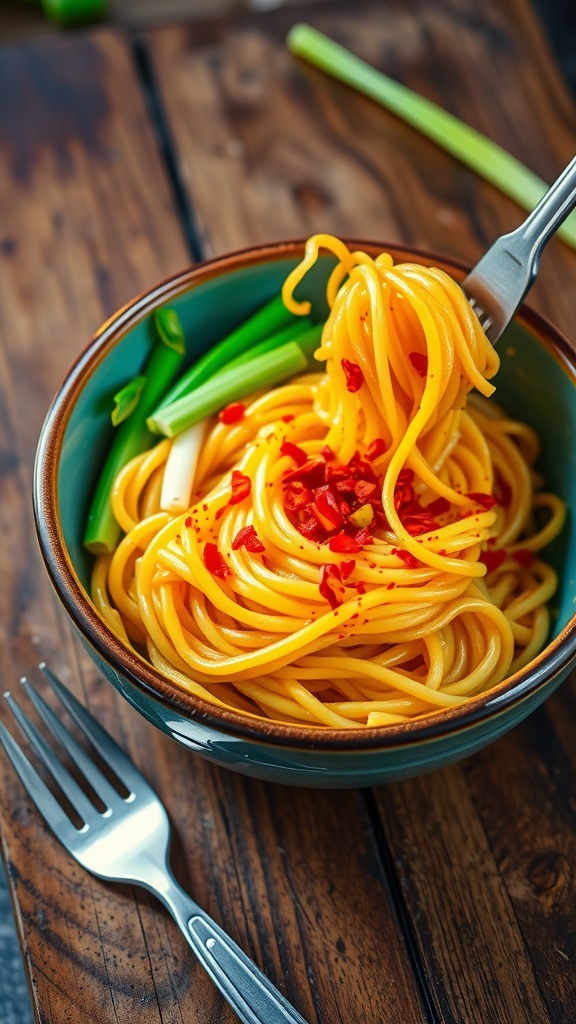 A bowl of garlic Maggi noodles topped with chili flakes and spring onions on a wooden table.